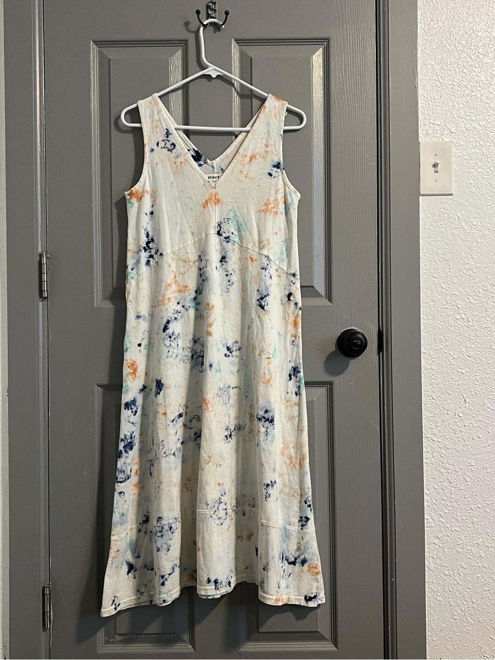 Pact Tie-Dye V-Neck Sleeveless Midi Dress White Blue & Orange Organic Cotton